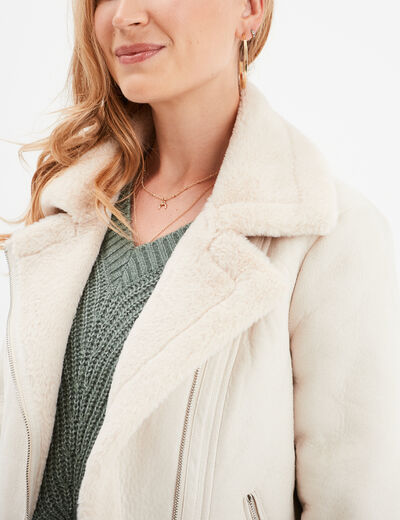 Veste col aviateur zippée doublée beige femme