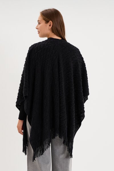 Poncho &agrave; franges ample noir femme