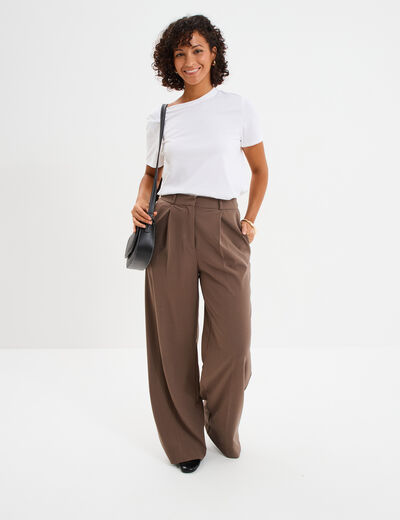 Pantalon large &agrave; pinces beige femme