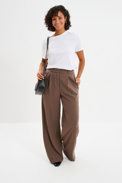 Pantalon large &agrave; pinces beige femme
