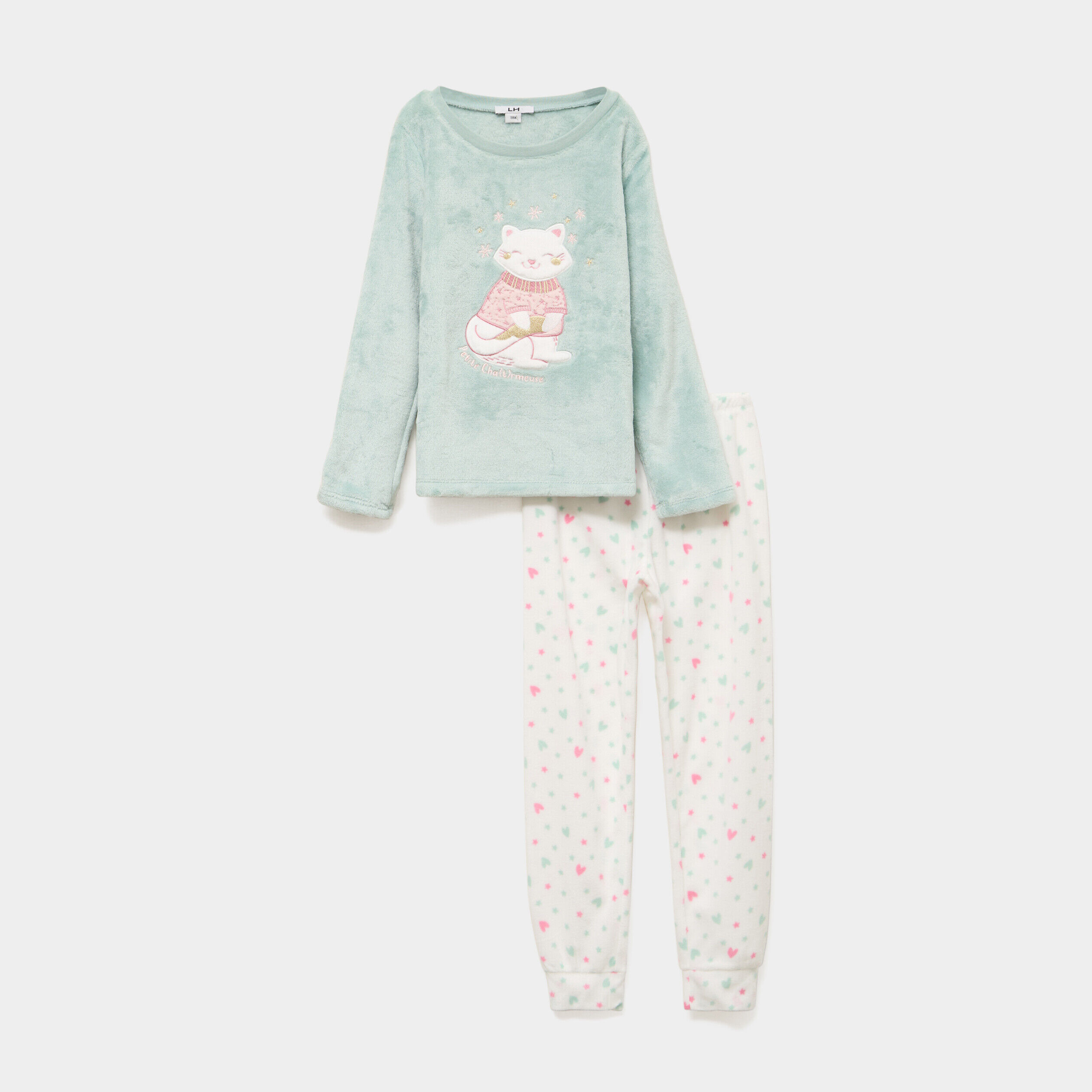 Ensemble pyjama effet velours 2 pièces vert clair fille LH