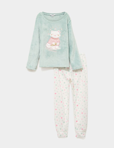 Ensemble pyjama effet velours 2 pi&egrave;ces vert clair fille