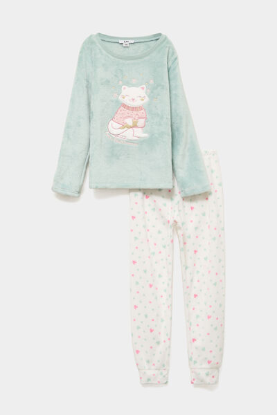 Ensemble pyjama effet velours 2 pi&egrave;ces vert clair fille