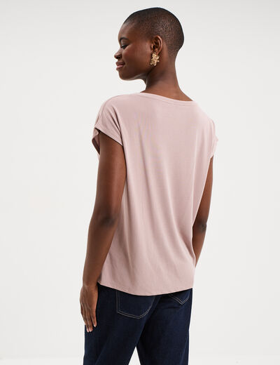 T-shirt col en V manches courtes marron clair femme