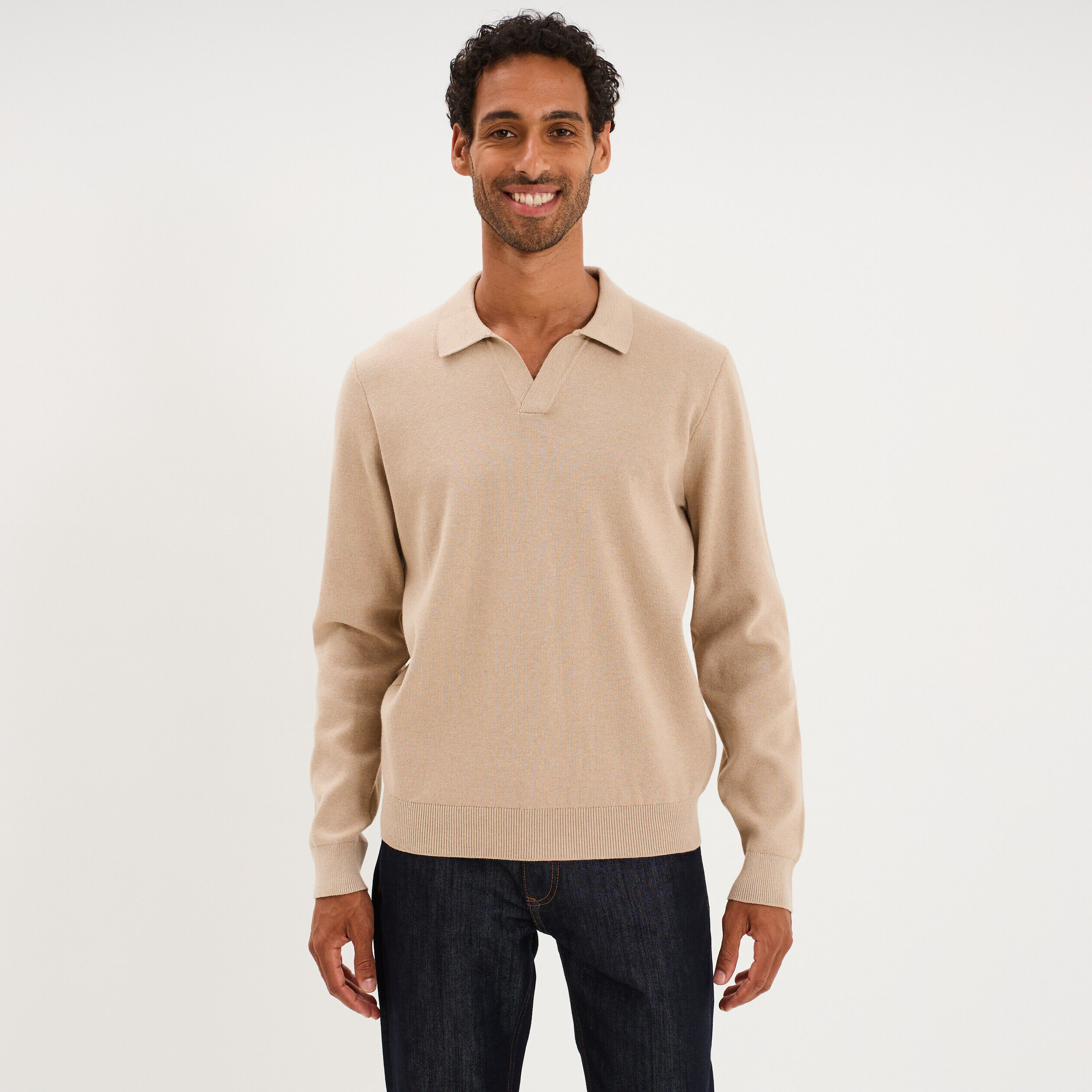 Pull col polo manches longues beige homme LH