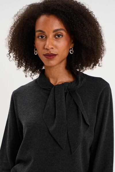 Pull fin col &eacute;charpe manches longues gris fonc&eacute; femme