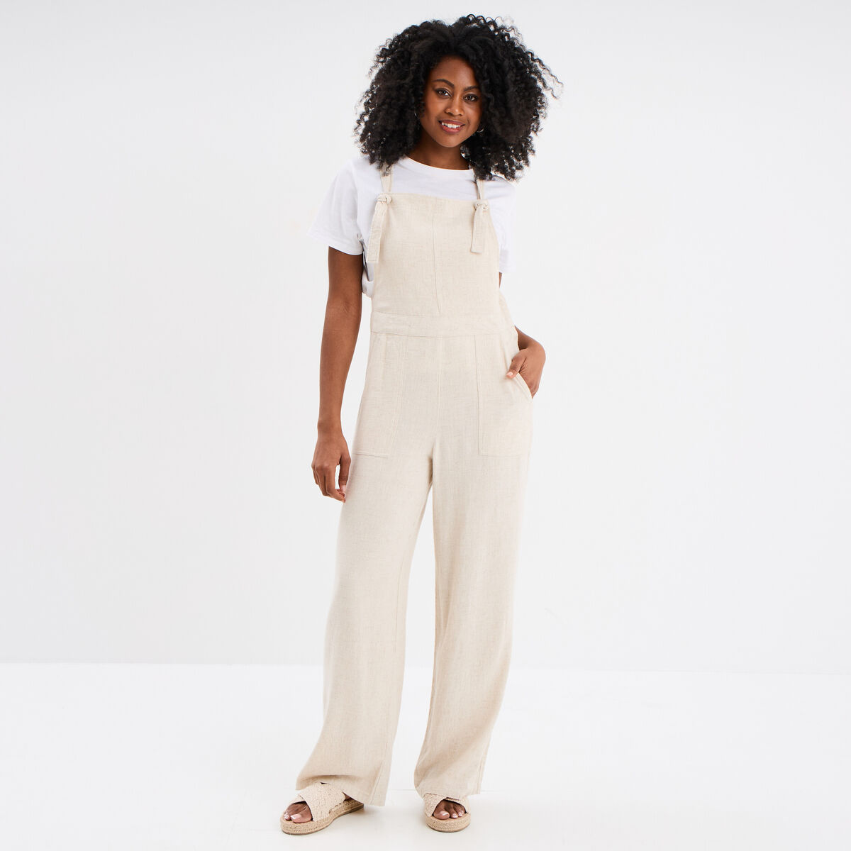 Salopette jambe large bretelles nouées beige femme