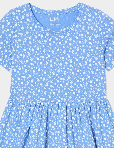 Robe manches courtes col rond coton bleu fille