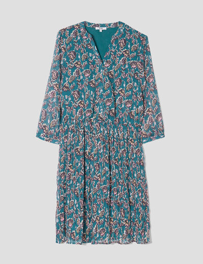 Robe évasée bas plissé manches 3/4 vert foncé femme