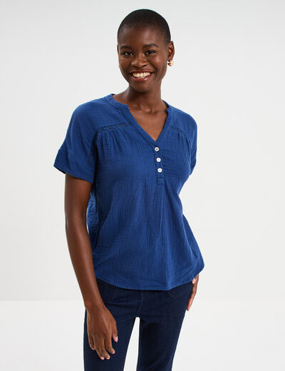 Blouse Col tunisien gaze de coton bleu marine femme
