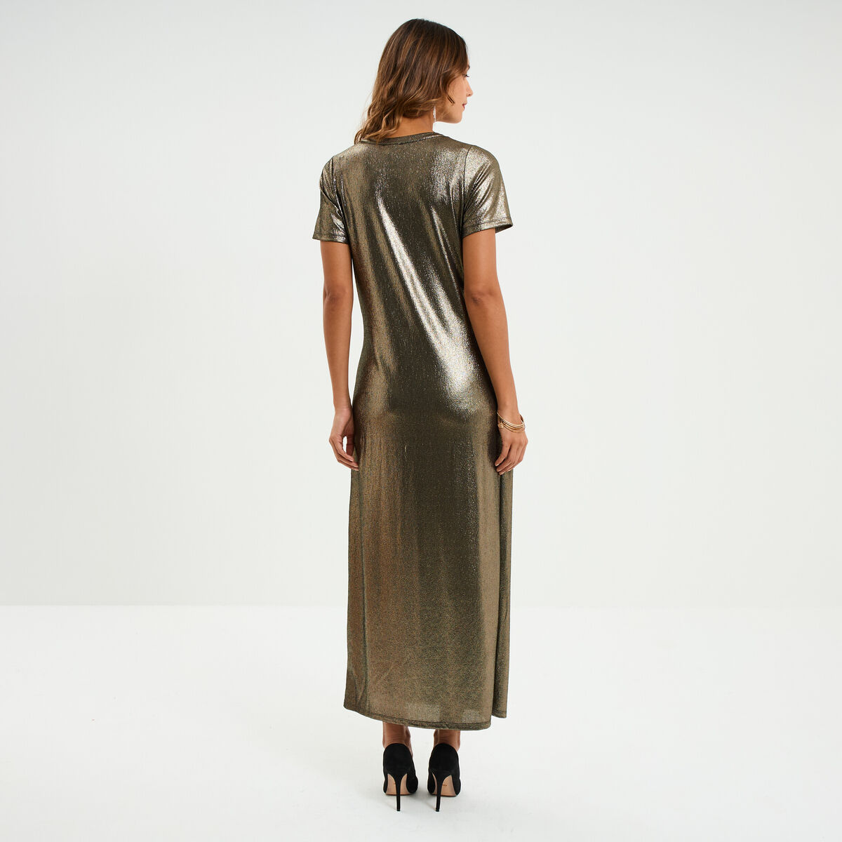 Robe longue d&eacute;tail noeud c&ocirc;t&eacute; jaune or femme