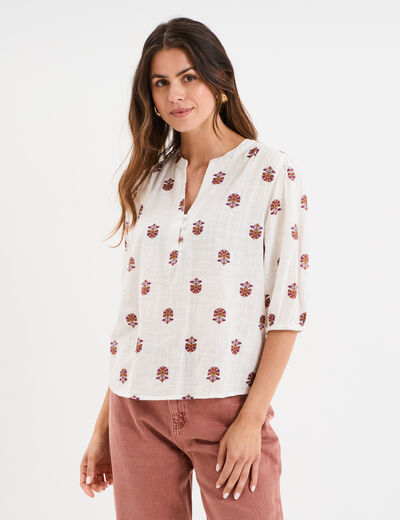 Blouse col tunisien manches 3/4 coton blanc femme