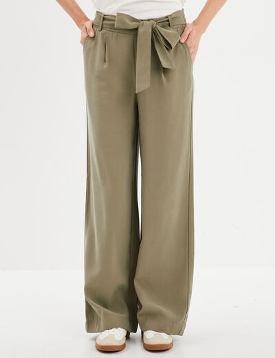 Pantalon large fluide élastiqué vert kaki femme