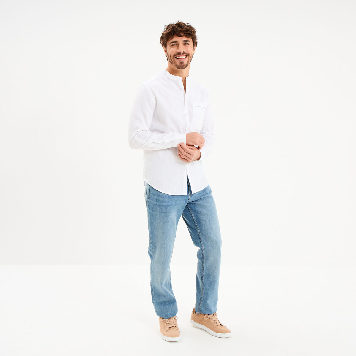 Chemise col mao lin m&eacute;lang&eacute; blanc homme