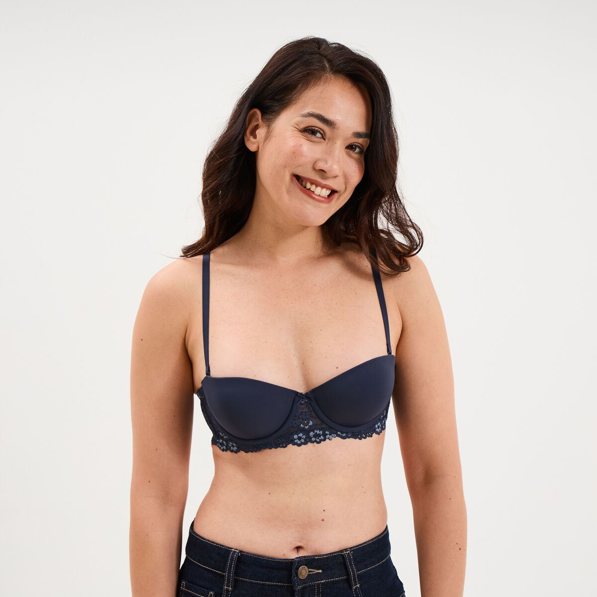 Soutien-gorge balconnet micro dentelle bleu marine femme