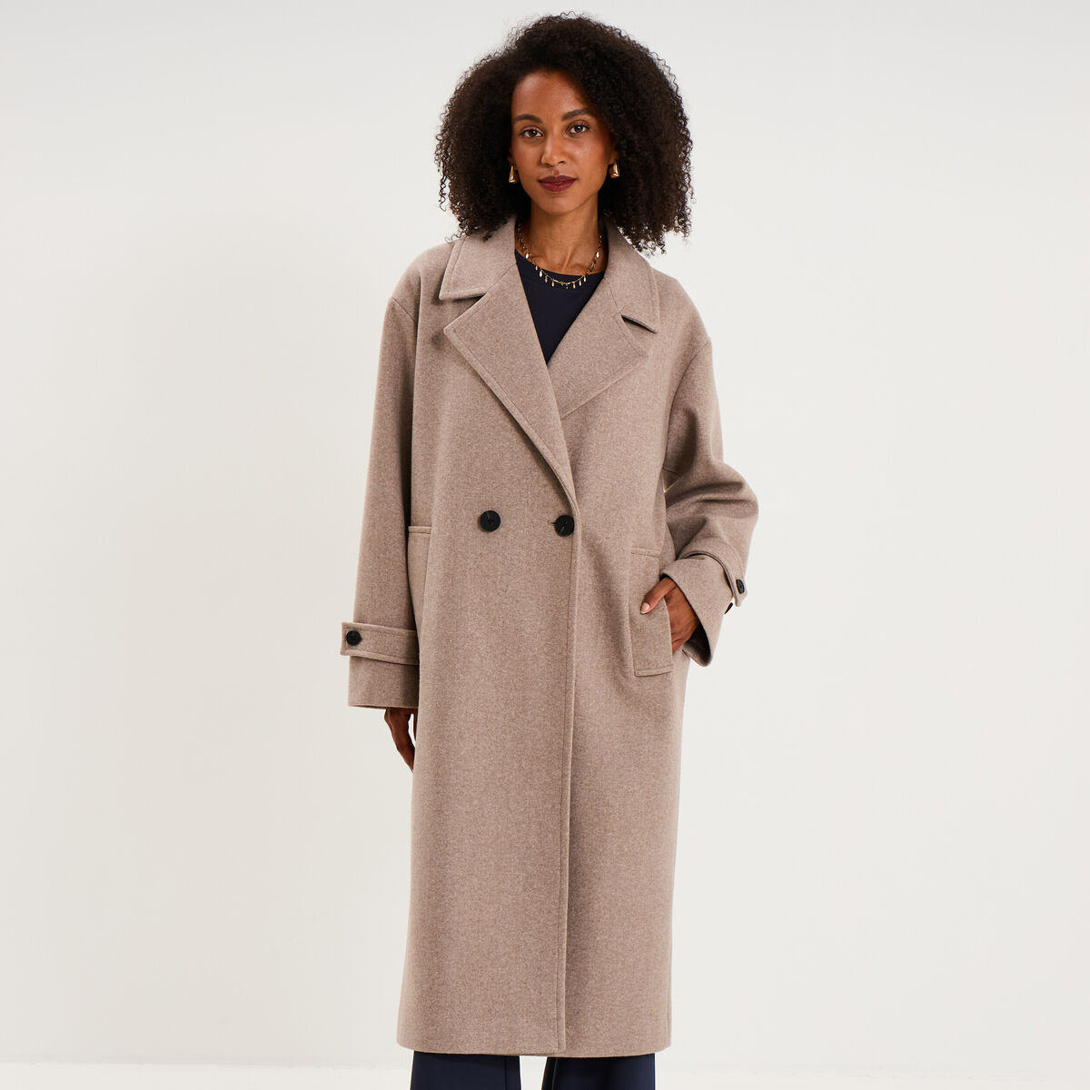 Manteau oversize double boutons long beige femme