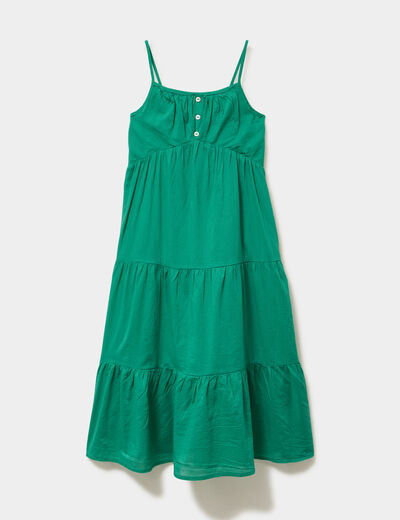 Robe longue &agrave; volants et bretelles coton vert canard fille
