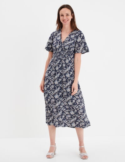 Robe longue empire taille smockée Creeks bleu marine femme