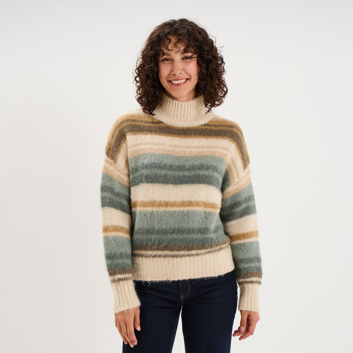 Pull col montant manches longues vert olive femme