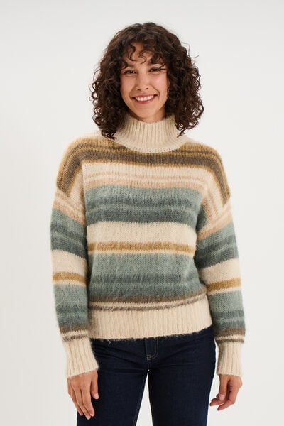 Pull col montant manches longues vert olive femme