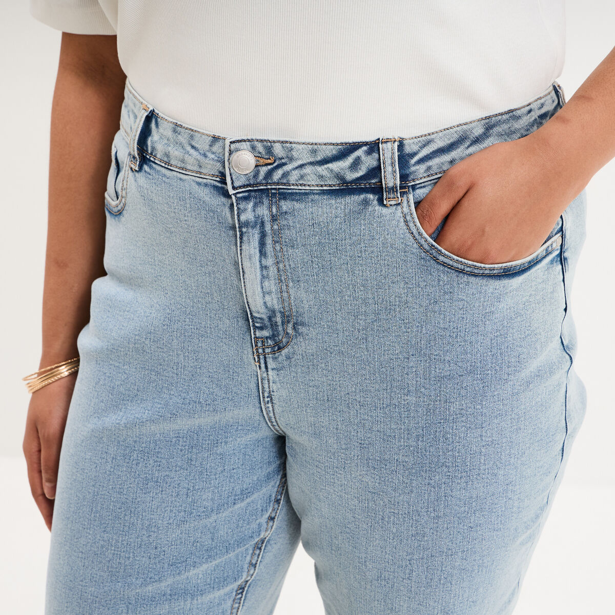 Jeans mom cropped taille haute denim double stone femme grande taille