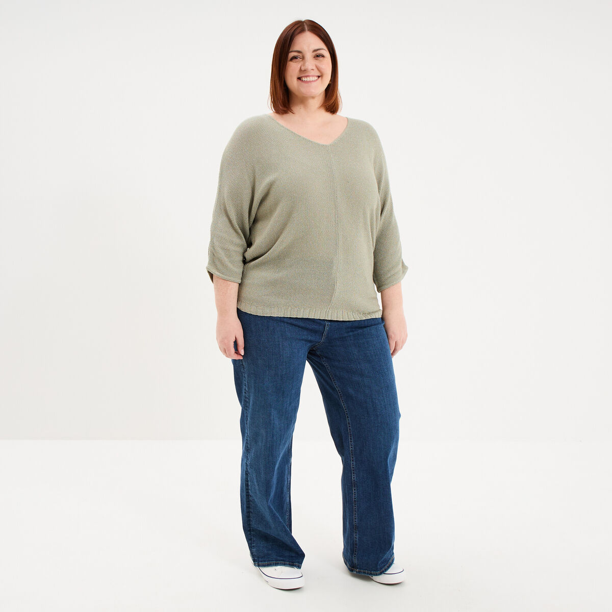 Pull manches 3/4 col en V vert kaki femme grande taille