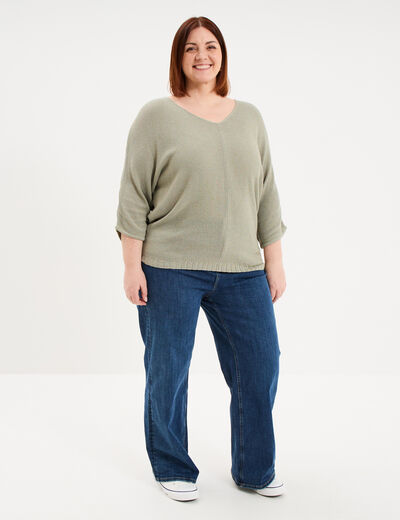 Pull manches 3/4 col en V vert kaki femme grande taille