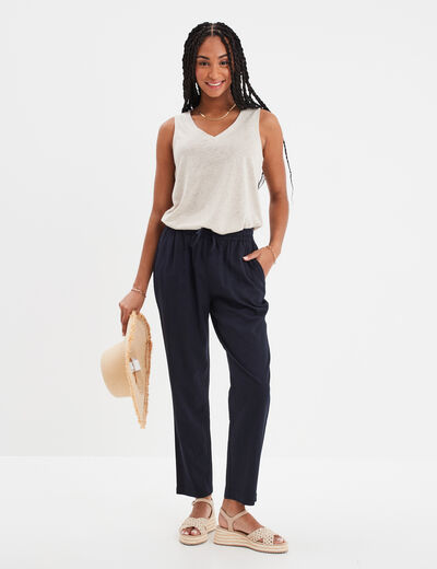 Pantalon droit 7/8&egrave;me lin m&eacute;lang&eacute; bleu fonc&eacute; femme