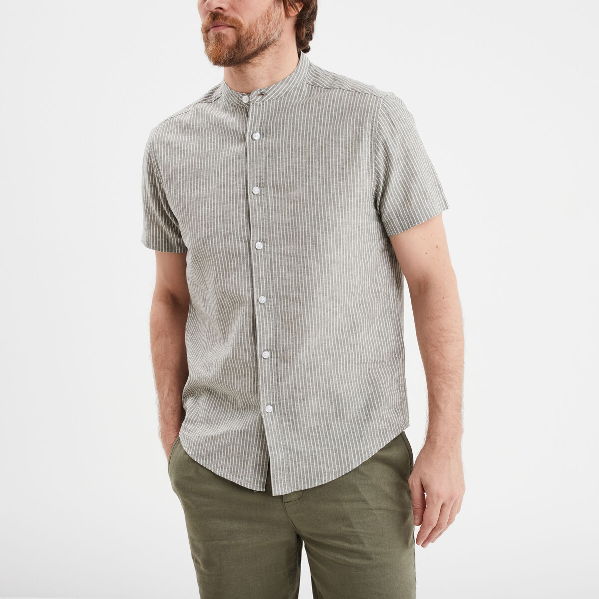 Chemise col mao manches courtes vert kaki homme