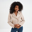Veste courte esprit biker effet suédine beige femme