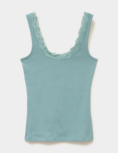 D&eacute;bardeur c&ocirc;tel&eacute; encolure dentelle bleu gris femme