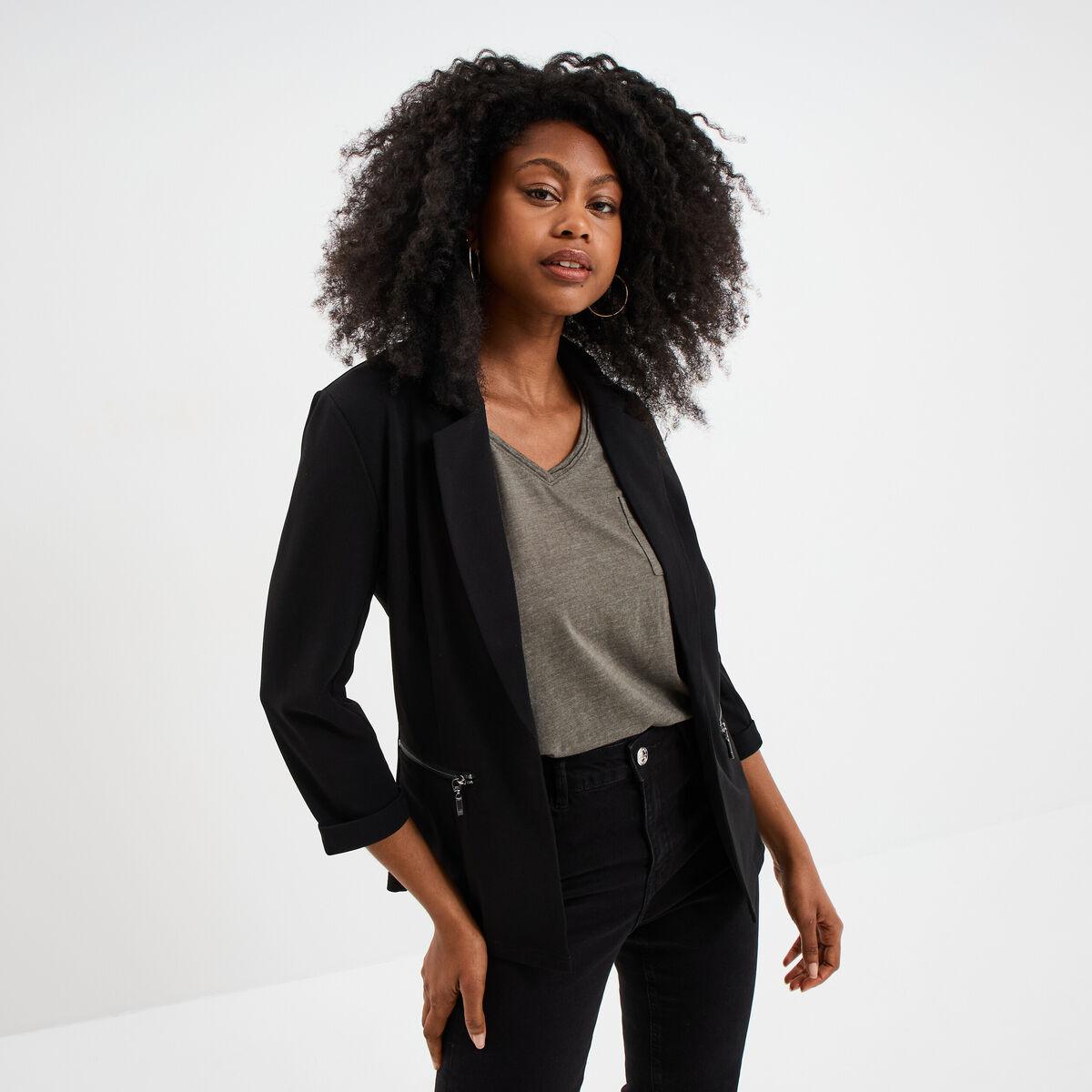 Veste blazer cintr&eacute; manches 3/4 noir femme