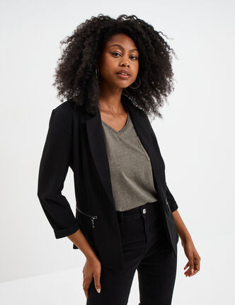 Veste blazer cintr&eacute; manches 3/4 noir femme