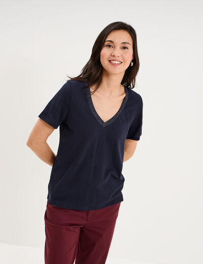 T-shirt col en V manches courtes bleu fonc&eacute; femme