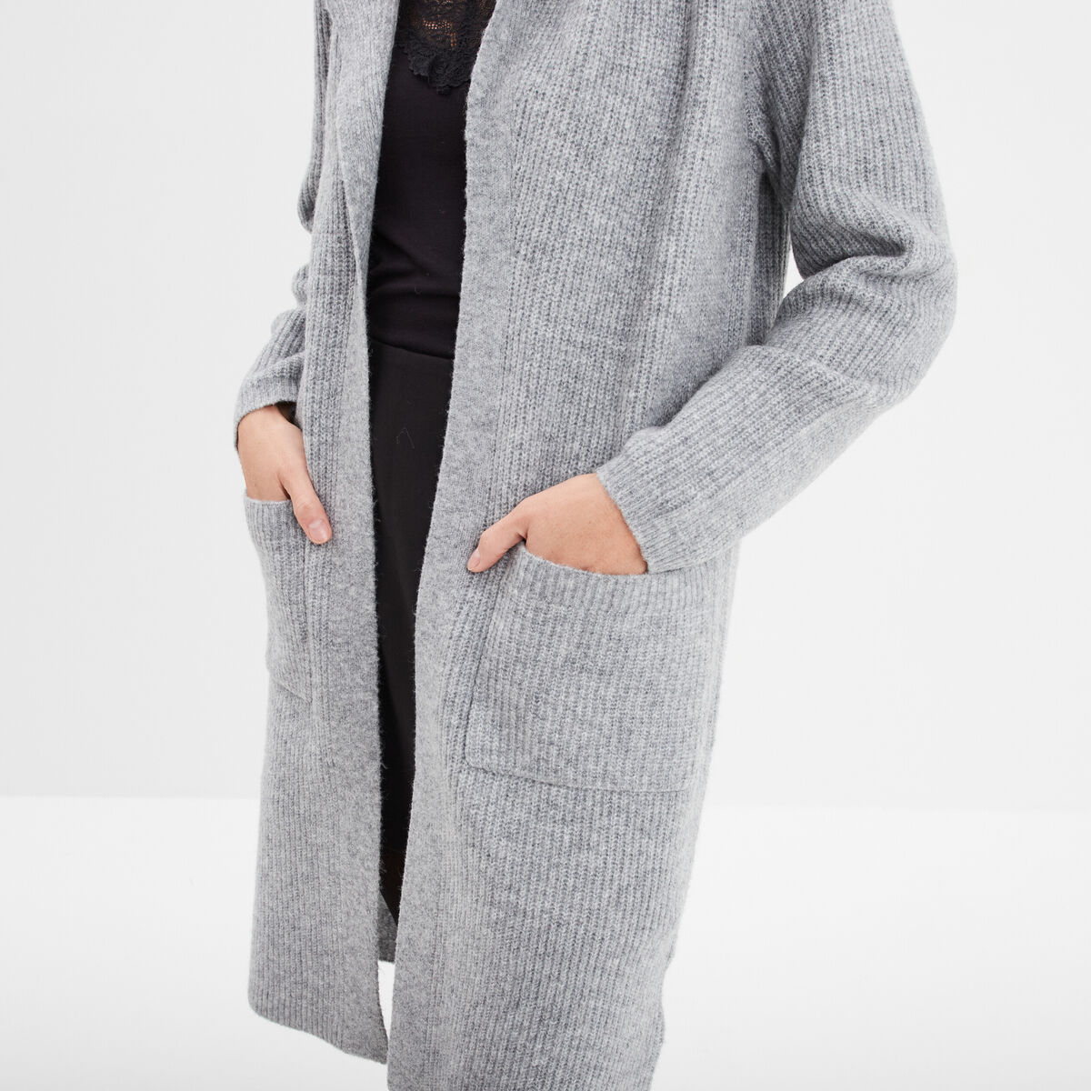 Gilet long à capuche manches longues gris femme