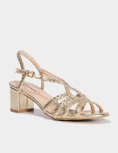 Sandales à talons 5 cm brides tressées jaune or femme