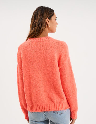 Pull col rond manches longues rose fluo femme