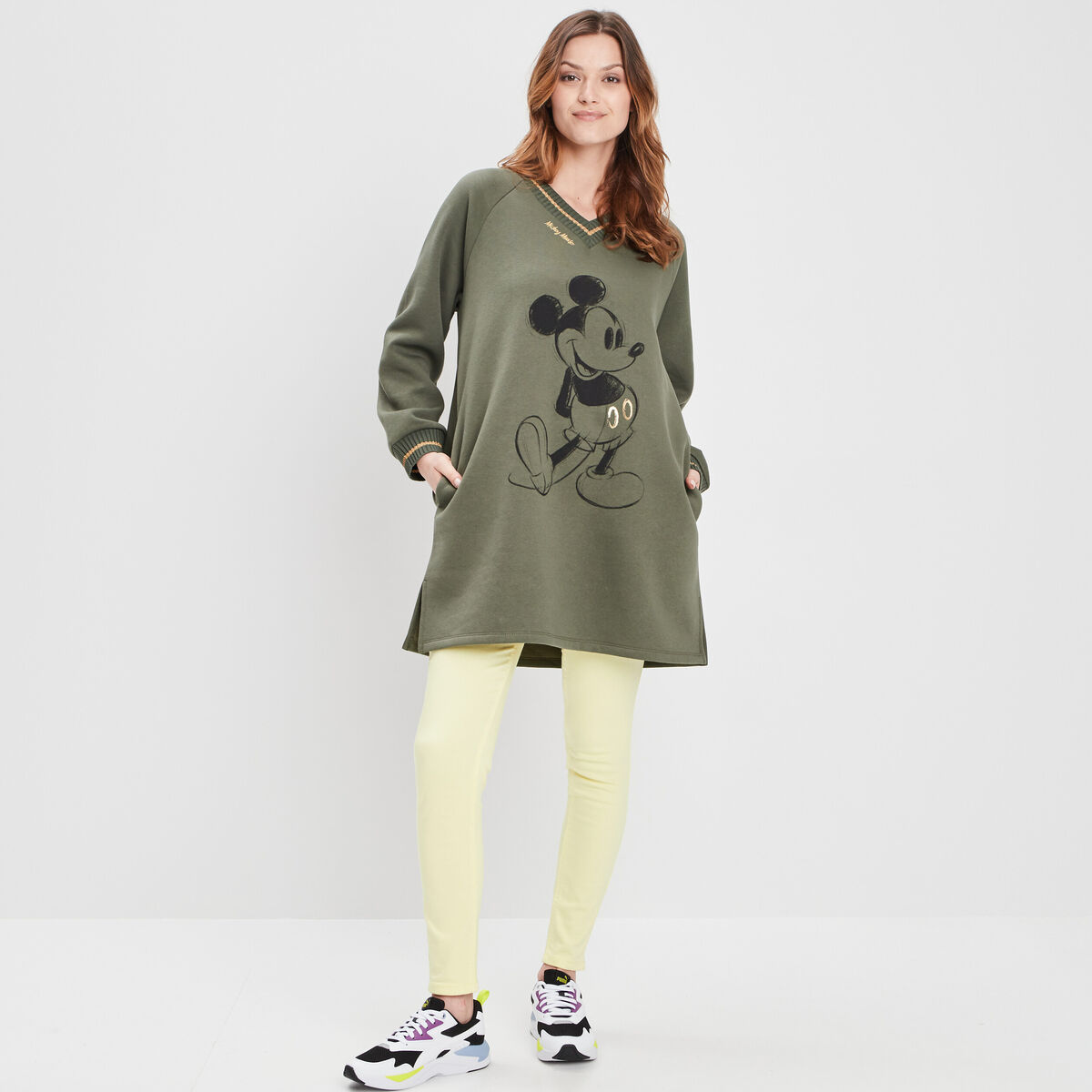 Sweat long Mickey vert kaki femme