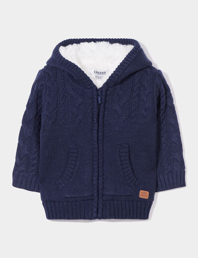 Gilet doublé à capuche et torsades bleu marine bébé garçon