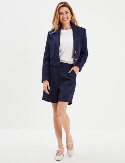 Short droit à pinces effet toile bleu marine femme