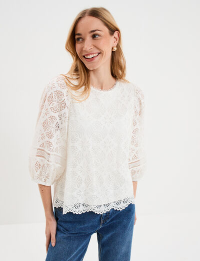 Blouse dentelle manches 3/4 blanc femme