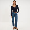 Pull col en V manches longues bleu marine femme