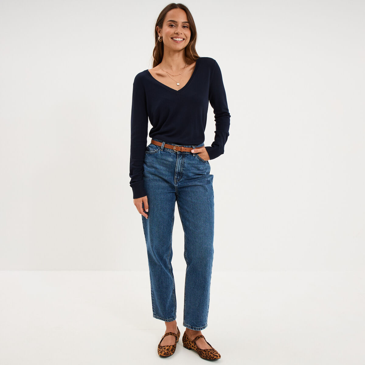 Pull col en V manches longues bleu marine femme