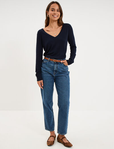 Pull col en V manches longues bleu marine femme