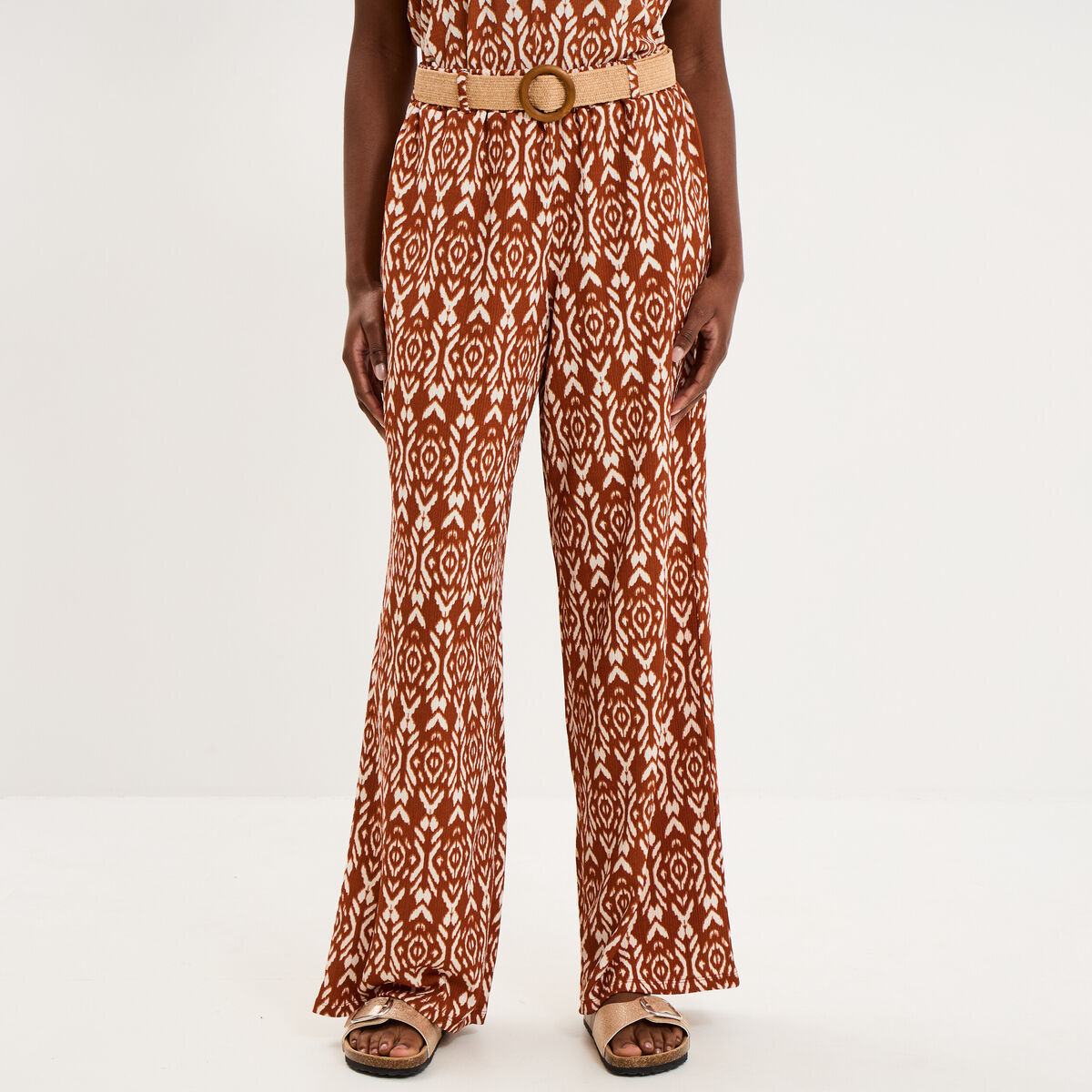 Pantalon fluide large avec ceinture orange fonc&eacute; femme