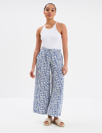 Pantalon fluide large taille élastiquée bleu marine femme