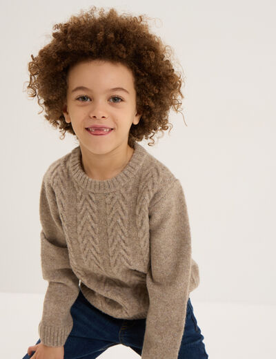 Pull manches longues col rond beige gar&ccedil;on
