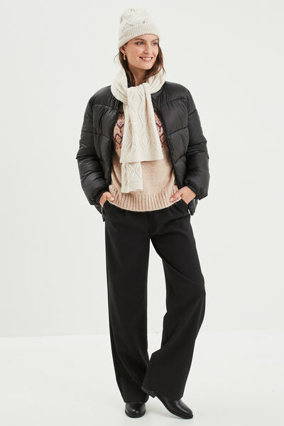 Pull jacquard col rond manches longues beige femme