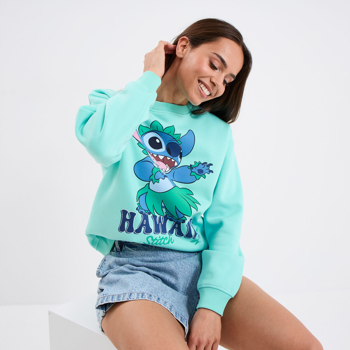 Sweat manches longues coton Stitch vert turquoise femme