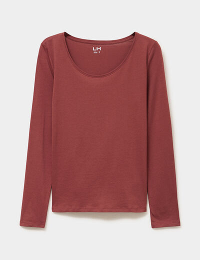 T-shirt coton col rond manches longues marron cognac femme